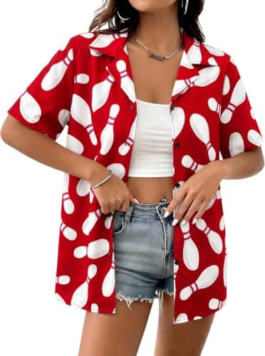 LOTUCY Bowling Shirts Women Bowler Button Down Short Sleeve Gift Tee Red