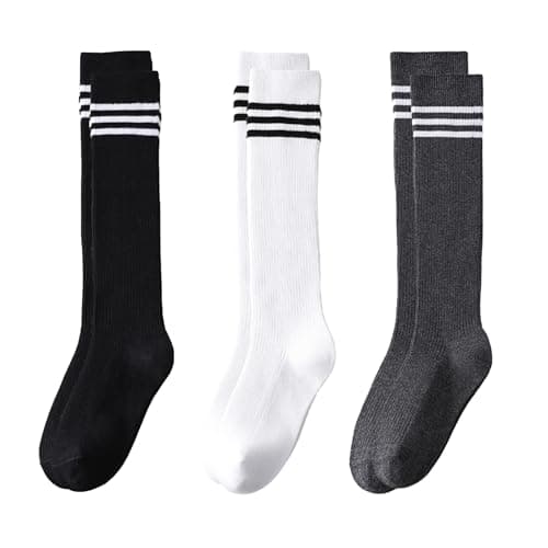 Santgoo Cotton Knee High Socks for Girls,Long Tube School Uniform Socks with Stripes,Black/White/Grey 5-8 Years Old