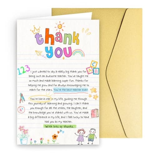Teacher Appreciation Cards – Thank You Teacher Card with Red Envelope & Gold Foil Seal, 8.2 x 5.4 in Blank Inside, End of Year Appreciation Gifts from Student Classroom Preschool Daycare US609TCWORD1G