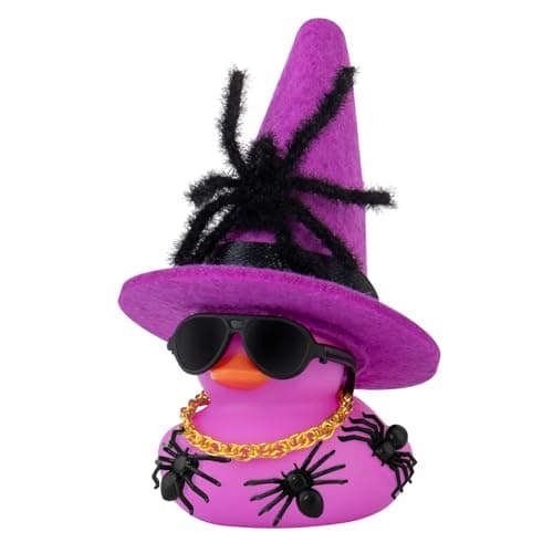 wonuu Car Dashboard Decorations Spiders Witch Rubber Ducks for Halloween, Duck for Office Desk Ornament Accessories with Hat, Glasses, Chain, Plush and Plastic Spider, Purple