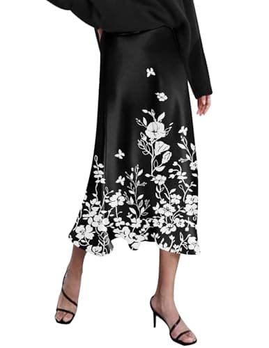 HOTOUCH Silk Midi Skirts for Womens 2025 Fall Skirts for Women Floral Printed Skirt XS