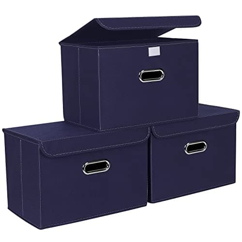 STOREONE Fabric Storage Cube Bins Foldable Organizer Container Collapsible Basket with Lids and Metal Handles, for Home, Bedroom, Closet 3 Pcs (Navy Blue)
