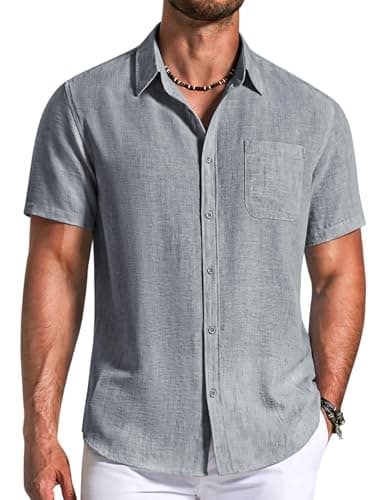 COOFANDY Men's Button Down Shirts Short Sleeve Casual Shirt Summer Beach Textured Shirts Dark Grey