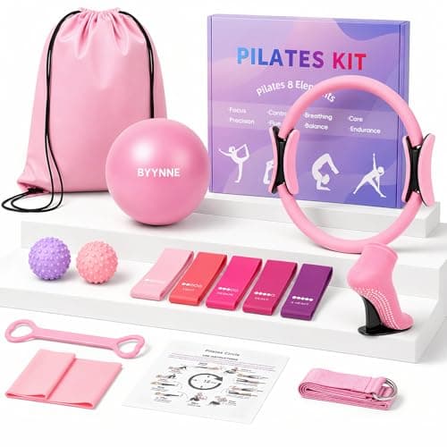 BYYNNE Home Pilates Kit for Women - 14 Pcs Pilates Equipment Set with P-ilates Ring and Ball, 5 Resistance Bands Etc Accessories for Beginners Home Workouts - Includes Workout Guide (Pink)