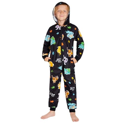 Pokemon Kids Fleece Hooded Jumpsuit, One-Piece Pajamas with Pockets, Pikachu Sleepwear, Lounge Wear, Gifts for Boys and Girls (Black Aop, 9-10 Years)