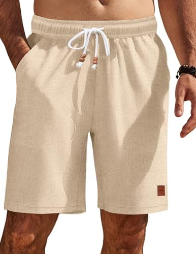 COOFANDY Men's Drawstring Shorts with Elastic Waistband Classic Loose Fit Flat Front Shorts, Light Khaki, Medium