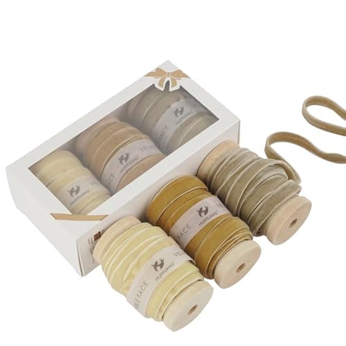 HUIHUANG Fall Velvet Ribbon 3/8 inch Double Face Light Brown/Khaki/Camel Velvet Ribbon Set for Fall Decor, Christmas Tree Ornaments, Gift Wrapping, Wreath Decor, Crafts, Holiday Decor- 15 Yards/Set