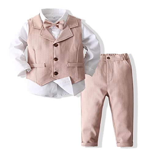 Kimocat Baby Boys Gentleman Bowtie Formal Outfit Suits Tuxedo Vest Wedding Party Suit Pink