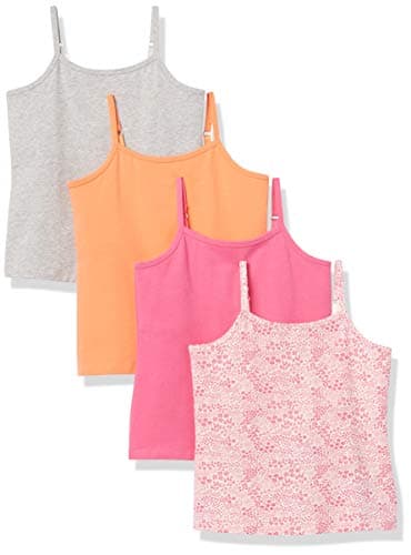 Amazon Essentials Girls' Cotton Shelf Layering Camisole with Adjustable Straps, Pack of 4, Camel/Grey Heather/Pink/White Flowers, Medium