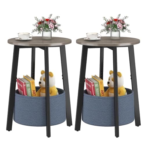 sthmec Small Round Side End Table Set of 2 with Cloth Storage Basket, Round Bedside Sofa Couch Coffee Tables for Small Places with Metal Frame, Modern Nighstands for Living Room Bedroom,Grey