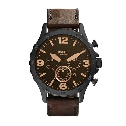 Fossil Men's Nate Quartz Watch, Stainless Steel and Leather Chronograph Watch for Men, Color: Black, Dark Brown