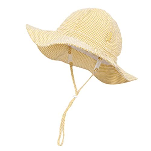DASMINI Baby&Toddler Stripe Wide Brim Sun Hats UPF 50+ Sun Protection Beach Bucket Cap Cute Adjustable Hat (Yellow Checkered, 2-5T)