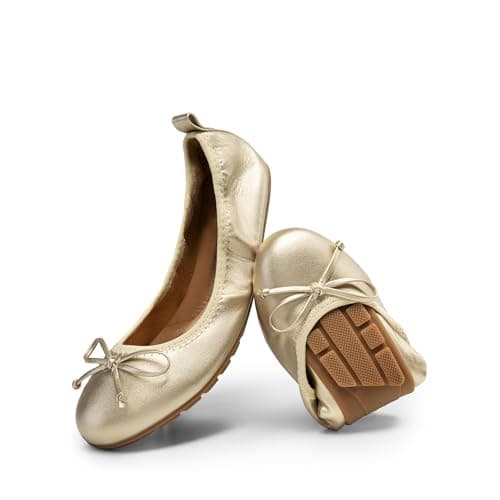 DREAM PAIRS Women's Flats, Foldable Ballet Flats for Women, Bowknot Round Toe Comfort Light Weight Slip-On Dress Shoes Gold Size 6 SDFA2409W