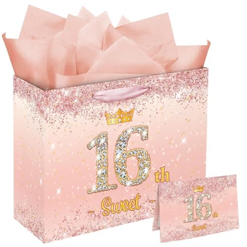 Eaureum Sweet 16 Birthday Gift Bag for Girls, 13" Rose Pink 16th Birthday Gift Bag Party Decorations for 16 years old Girls Daughter Granddaughter Friends