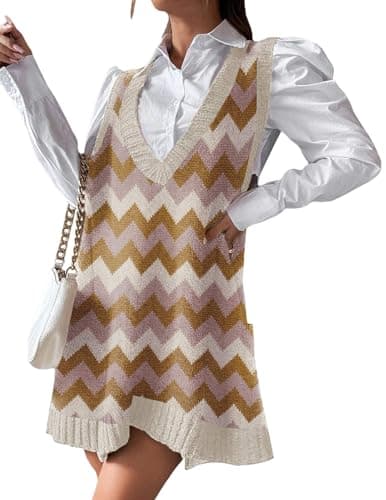 Zeagoo Sweater Dress for Women Thanksgiving Outfit Brown Color Block Sweater Vests V Neck Fall Dress for Fall,M