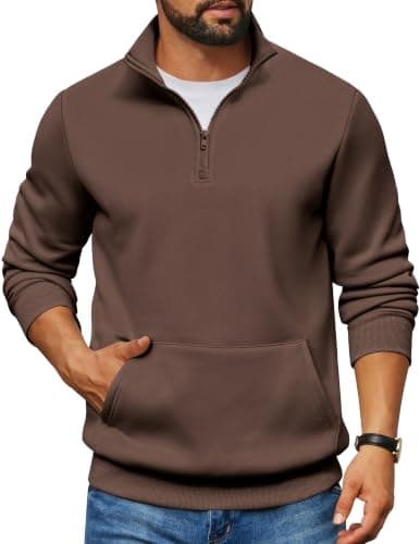 COOFANDY Men's Polo Sweatshirts 1/4 Zip Up Pullover Sweaters Collared Midweight Pullover Top Dark Brown