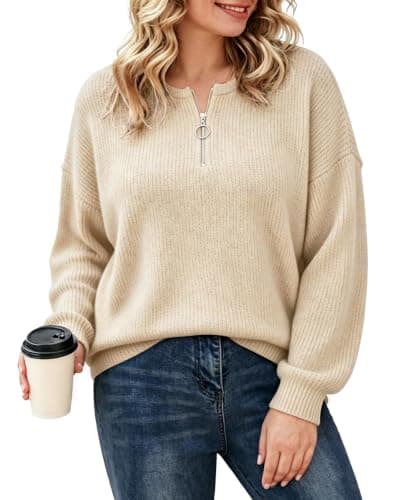 RITERA Plus Size Sweater for Women Basic Long Sleeve Sweatshirts Oversized Casual Zipper Winer Tops Turtleneck Beige Solid Color Fashion Shirts Fall Comfy Sweatshirt 1X 1Xl 14W 16W