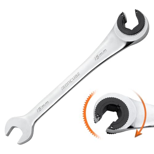 ironcube 15mm Brake Line Wrench Set: Metric Ratcheting Open-end for Nuts on Fuel, Brake or Air Conditioning Lines