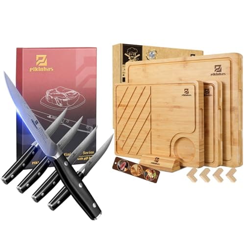 Bamboo Cutting Boards Large Set of 4 for Kitchen+Steak Knives Set of 4