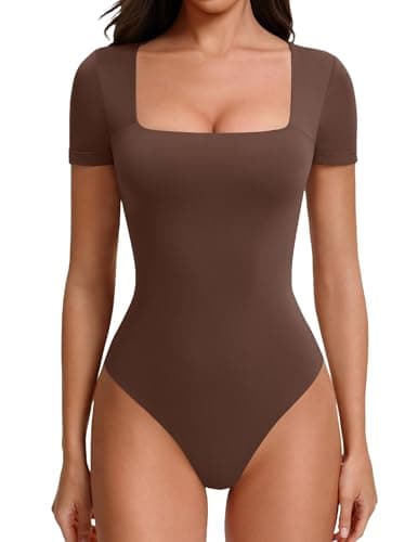 Avidlove Women Body Suit Square Neck Bodysuits Seamless Soft Basic Tee Shirts Summer Short Sleeve Brown