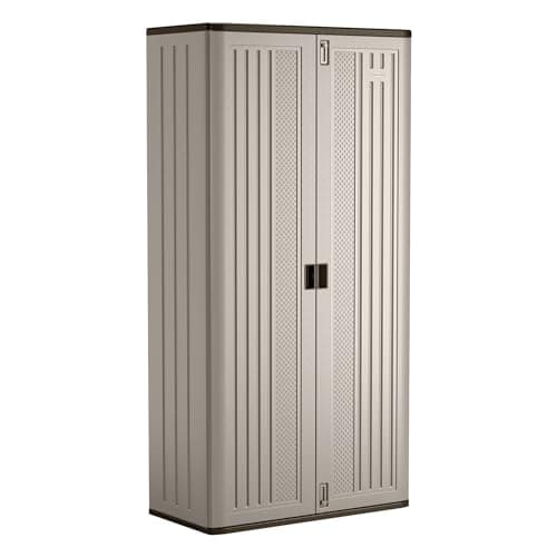 Suncast 31 Cubic Feet Mega Tall Storage Cabinet with 3 Adjustable Shelves, Platinum Metallic & Slate – Garage or Basement Utility Resin Organizer with 75 Pound Capacity Per Shelf and Lockable Doors