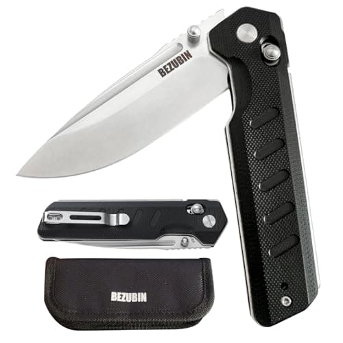 BEZUBIN Folding Pocket Knife 3.25" VG10 Blade EDC Folding Knife with Safety Axis Lock Black G10 Handle Hunting Camping Knife with Thumb Stud Opener