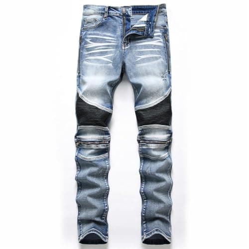 AITITIA Men's Biker Zipper Deco Washed Straight Fit Jeans (42, 005 Blue)