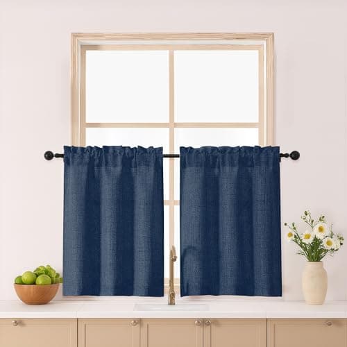 Gwine Navy Blue Kitchen Curtains 30 Inch Length 2 Panels, Light Filtering Textured Short Cafe Curtains, Farmhouse Rod Pocket Small Window Drapes for Bathroom Basement RV Camper, 30Wx30L inch, 2PCS