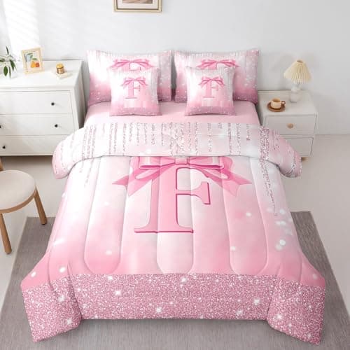 Feelyou Kids Pink Bowknot Comforter Set with Sheets Twin Size, Personalized Initial F 7 Pieces Bedding Set Boys Girls Princess Glitter Bed in A Bag Bow Alphabet Teens Bed Set Bedroom Decor 7Pcs