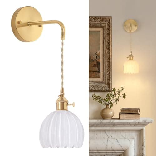 Shenmoyl Vintage Wall Sconce with White Tulip Shade Pattern Glass Adjustable Chain Retro Gold Wall Mounted Light, Modern Wall Lamp Fixtures Decor for Bedside Bedroom Indoor Doorway