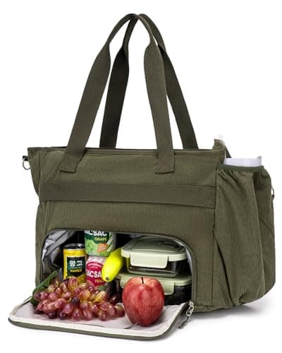 Corduroy Tote Bag for Women with Insulated Lunch Bag Compartment, 17 Pockets Large Work Bag with Cup Holder, 15.6 inch Laptop Shoulder Bag for Teachers Nurses, Aesthetic Vintage Travel Bag