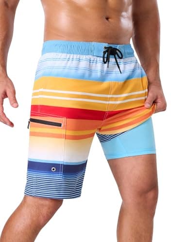 SILKWORLD Quick-Dry Swim Trunks Men, Stripes- Orange Blue White, M