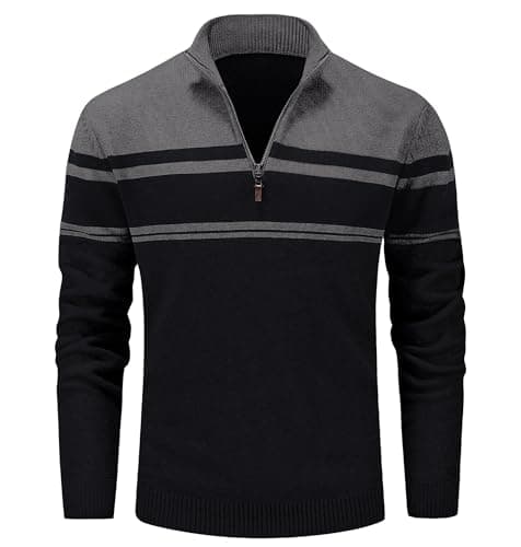 Men Striped Sweater Golf Pullover Mens Casual Sweater Turtleneck Shirts Multi-Color Striped Tops Winter Thermal Sweater Slim Fit Sweaters Polo Sweater Dark Grey Black