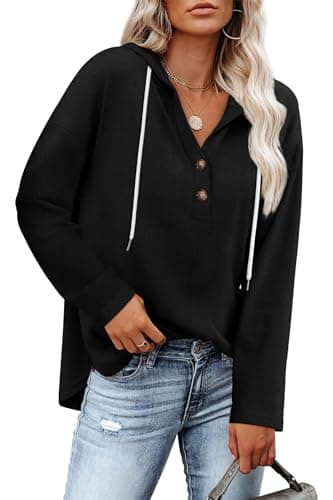RUMIA Womens Hoodies V Neck Comfort Sweatshirt Long Sleeve Shirts Black XL