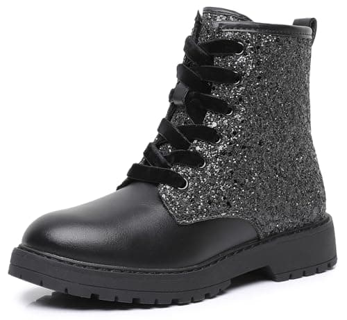 Apakowa Girls Combat Boots Glitter Sparkle Ankle Boots Side Zipper