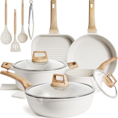 Kikcoin 16Pcs Ceramic Pots and Pans Set Non Stick, Includes a 9.5" Grill Pan, Induction Kitchen Cookware Sets, White Nonstick RV Kitchen Camping Cooking Sets Stackable (PTFE, PFOS, PFOA Free)