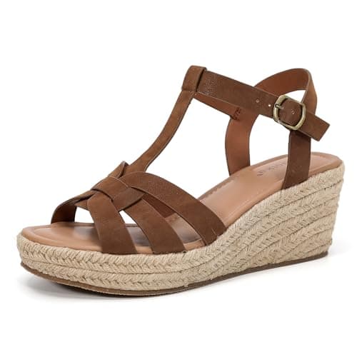 Luoika Women's Wide Width T-Strap Platform Wedge Sandals. 23001,Br,10.5XW