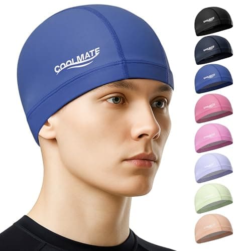 COOLMATE Fabric Swim Cap for Adult Women Men Kid 3 4 6 8 14 16, Silicone Water Resistant Layer, Cloth Swim Cap Gifts for Swimmers, Lightweight and Comfortable for Pool, Lap Swimming (Dark Blue, L)
