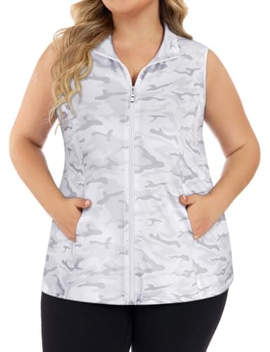 Misyula Style Plus Size Sleeveless Golf Shirts for Women,Full Zip Golf Tank Top with Pockets Quick Dry Lightweight Tennis Hiking Workout Running Casual Vest Tops,Grey White Camo,1XL