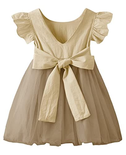 LYXIOF Toddler Baby Girl Tutu Tulle Dress Cotton Linen Ruffle Back Bowknot Princess Party Dresses Light Coffee 90CM