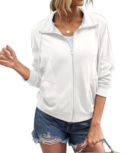 INFITTY Womens Casual Long Sleeve Zipper Sweatshirt Cute Lapel Cropped Soild Vintage Fall Active Jacket Tops White Size XX-Large