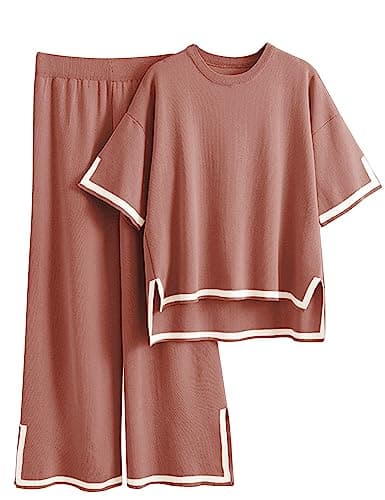 Tanming Sweater Sets Women 2 Piece Lounge Sets Short Sleeve Knit Pullover Tops Wide Leg Pants (Rust-L)