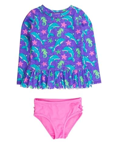 RuffleButts Baby/Toddler Girls Scalloped Long Sleeve Rash Guard 2-Piece UPF50+ Sun Protected Swimsuit - Neon Fin Friends, 2T