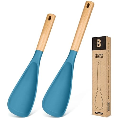 Multifunction Spoon for Nonstick Cookwares, Great for Cooking and Serving, Sturdy BPA-Free Matte Silicone, Wood Handle spoonula for Mixing, Scoop, and Scrape, Turquoise(2 pack,11.4" & 13.4")