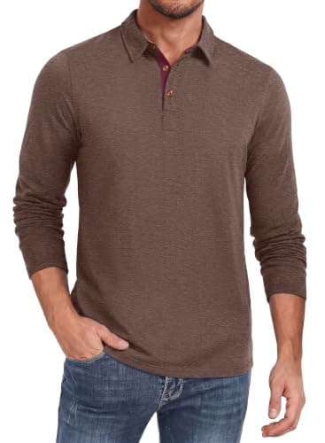 PEGENO Mens Polo Long Sleeve Shirt Classic Button Basic Solid Color Designed Collared Polo Shirt Fashion Casual Golf Shirts Coffee XX Large