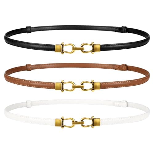 WERFORU 3 Pack Women Skinny Belt for Dress,Thin Waist Belt - Adjustable Leather Belt with Gold Buckle