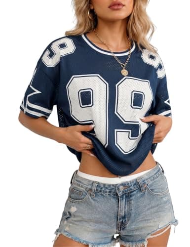 AKEWEI Jersey Shirts for Women Men Crew Neck Graphic Tees Oversized Tshirts Y2k Tops Fashion Vintage Streetwear Clothes Blue White Graphic L
