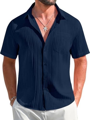 GIANZEN Dark Blue Hawaiian Shirt for Men Mens Short Sleeve Button Down Dress Shirts Beach Big and Tall Cruise Men's Textured Casual up Summer Dark Blue XL