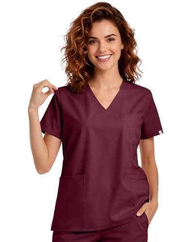 Meidiero Women's Scrub Tops, Relaxed Fit Medical Scrubs with 4 Pockets, 2 Pen Slots Soft Stretch & Moisture-Wicking Fabric-Burgundy-XS