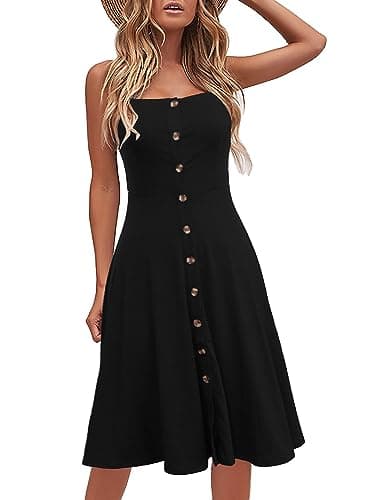 Berydress Women's Chic Black Summer Dresses 2026 Spaghetti Strap Flared A-Line Button Down Casual Dress (M, 6046-Black)